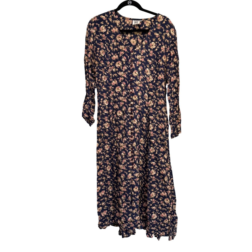 90's VTG cottagecore Navy Floral Rayon Midi Dress Long Sleeve V-Neck Boho Size M